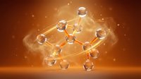 Molecular structure with glowing atoms and bonds floating in warm orange light with particle effects for scientific and educational content.