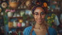 Young African American woman wearing glasses and floral headband smiles warmly in cozy cafe interior. Natural lifestyle portrait perfect for wellness, diversity, and modern lifestyle advertising.
