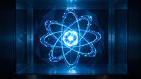 Glowing blue atomic structure with orbiting electrons in futuristic digital environment for science technology concepts and educational materials.
