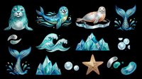 Seal, sea lion, and marine life elements isolated on transparent background, ready for t-shirt design, clipart, stickers, sublimation, and print-on-demand projects.