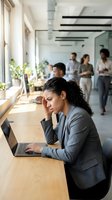 Stressed businesswoman with headache working on laptop in modern office while colleagues discuss in background.