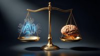 Golden scales of justice balancing glowing AI circuit pattern against human brain, representing technology versus humanity ethical dilemma concept.