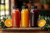 Fresh cold-pressed juices in glass bottles on wooden board with orange slices and green leaves, healthy detox drinks in red, orange and purple colors.
