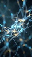 Neural network connections with glowing synapses and electrical impulses in blue and gold colors for medical and scientific presentations.