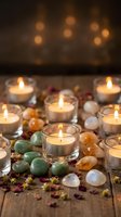 Glowing tea light candles in glass holders surrounded by colorful gemstones and dried flower petals on rustic wooden surface with warm bokeh background.