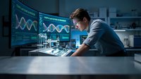 Young male scientist analyzing DNA sequences on computer screen in modern laboratory for genetic research and biotechnology development.