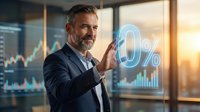 Mature male businessman with gray beard and dark suit interacting with glowing percentage symbol on digital display, surrounded by financial charts and graphs in modern office with city skyline at sunset, representing growth, investment analysis, and financial technology.