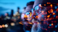 Bearded senior Caucasian man in glasses with city lights bokeh reflection creating dreamy double exposure effect at dusk, urban nightlife atmosphere.