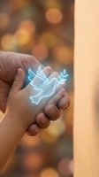 Hands holding glowing dove with olive branch symbolizing peace, hope and freedom against warm bokeh background for spiritual and inspirational concepts.