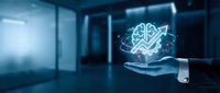 Businessman hand holding glowing brain icon with upward arrow, representing artificial intelligence, innovation, and business growth in modern corporate environment.