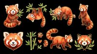 Cute red panda clipart set with bamboo, paw print, and heart, isolated on transparent background. Great for stickers, t-shirt design, and print on demand.