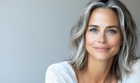 Confident mature Caucasian woman with silver gray hair and natural makeup wearing white sweater smiling at camera against light background. Professional portrait.