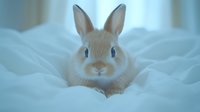 Adorable light brown bunny rabbit with big blue eyes resting on soft white bedding, creating cozy and gentle atmosphere for pet care and animal companionship content.