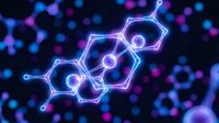 Glowing neon molecular structure with hexagonal rings on dark background. Scientific chemistry concept for pharmaceutical research and biotechnology.