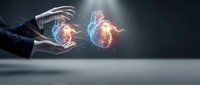 Doctor or medical professional holding glowing heart organ with energy particles, representing cardiology, healthcare innovation, and heart disease treatment or diagnosis.