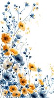 Elegant watercolor floral composition with orange poppies and dusty blue wildflowers on white background, perfect for wedding invitations, greeting cards and romantic wall art designs.