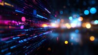 Abstract digital technology background with glowing light streaks and bokeh effects in pink, blue and orange creating dynamic motion perspective.