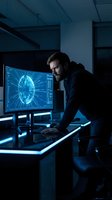 Focused Caucasian male scientist analyzing brain scan data on computer monitor in dark laboratory environment for medical research and neuroscience studies.