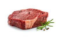 Raw ribeye steak with fresh rosemary sprig and peppercorns on white background, premium marbled beef cut showing rich texture and natural meat grain pattern.