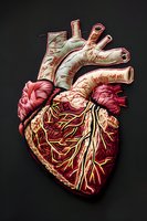 Anatomically detailed illustration of human heart with coronary vessels and arteries on black background, perfect for medical education and healthcare design projects.