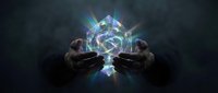 Hands holding glowing holographic energy sphere with rainbow light beams radiating outward against dark background for futuristic technology concepts.