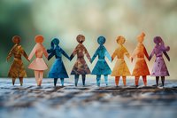 Colorful paper doll chain showing diverse women holding hands in rainbow colors against blurred background, symbolizing unity, diversity and female empowerment.