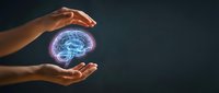 Protective hands surrounding glowing brain with neural networks representing mental health care, psychology, and cognitive protection concepts.
