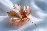 Delicate autumn maple leaf with orange and pink hues resting on pure white snow, creating soft shadows and highlighting intricate vein patterns in natural light.