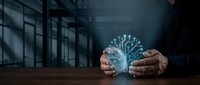 Hands cupping glowing blue neural network hologram on wooden desk in modern office, representing artificial intelligence, digital transformation, and innovative technology solutions.