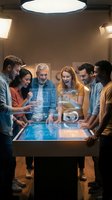 Diverse business team collaborating around futuristic holographic display table with digital interface projections in modern office meeting room.