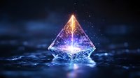 Glowing crystal pyramid with magical energy beam emerging from apex, floating on reflective surface amid dark atmosphere with ethereal blue light and sparkles.