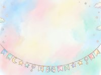 Pastel watercolor background with bunting banner featuring stars and flags in soft pink, blue, yellow, and mint tones. Ideal for celebrations, invitations, and greeting cards.