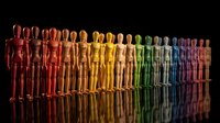 Colorful wooden mannequins arranged in rainbow spectrum from red to purple on reflective surface against black background for diversity concepts.