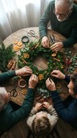 Senior Caucasian grandfather and family creating festive Christmas wreath together at wooden table with natural decorations and dried orange slices.