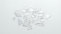 Scattered transparent glass shards and fragments isolated on white background, ready for design compositing, overlays, and digital art projects.