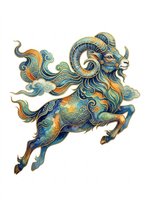 Ornate celestial ram with swirling gold and blue patterns, isolated on transparent background, ready for stickers, t-shirt design, and print on demand use.