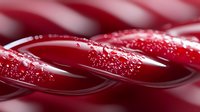 Fresh red licorice candy with water droplets in macro photography, showing glossy surface texture and sweet confectionery details in bright lighting.