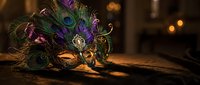 Ornate carnival mask with peacock feathers and purple decorations on wooden surface with warm bokeh lights creating festive masquerade party atmosphere.