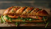 Fresh salmon sandwich on artisanal bread with arugula, herbs and microgreens served on rustic wooden board in moody lighting, close up view of gourmet meal.
