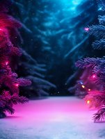Magical winter forest scene with neon pink and blue lighting effects illuminating snow-covered pine branches against dark night sky with falling snow.