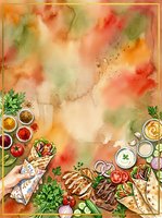 Watercolor food frame with grilled meat, vegetables, spices and herbs on textured background for culinary designs and restaurant menus.
