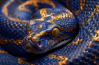 Mystical blue and gold python close-up showing detailed scales and piercing eye. Dramatic lighting creates ethereal glow on reptilian skin, capturing serpentine beauty.