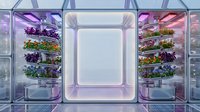 Modern vertical farming system with LED grow lights illuminating stacked plant shelves in controlled environment agriculture facility for sustainable food production.