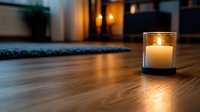 Lit candle in glass holder on wooden floor with warm ambient lighting and blurred interior background for home decor and relaxation themes.