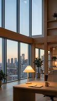 Modern office workspace with wooden desk, glowing table lamp, notebook and coffee mug overlooking city skyline through floor-to-ceiling windows at sunset. Suitable for business, corporate, and workspace design projects.