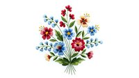 Colorful wildflower bouquet with red, blue and yellow blooms on white background isolated for greeting cards, wedding invitations and floral designs.