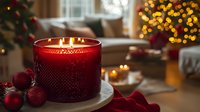 Red scented candle in decorative glass holder with Christmas ornaments and bokeh lights creating cozy holiday atmosphere at home. Perfect for seasonal decor.
