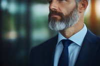 Confident mature businessman with gray beard in navy suit and tie looking away thoughtfully in modern office environment with warm lighting.