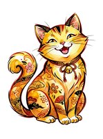 Golden lucky cat with ornamental floral patterns, wearing traditional collar. Isolated clipart on white background, ready for design projects, merchandise, and decorative applications.
