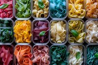 Colorful fresh pasta noodles arranged in plastic containers creating vibrant pattern of red, green, yellow, blue and orange. Raw homemade Italian pappardelle or tagliatelle for cooking.